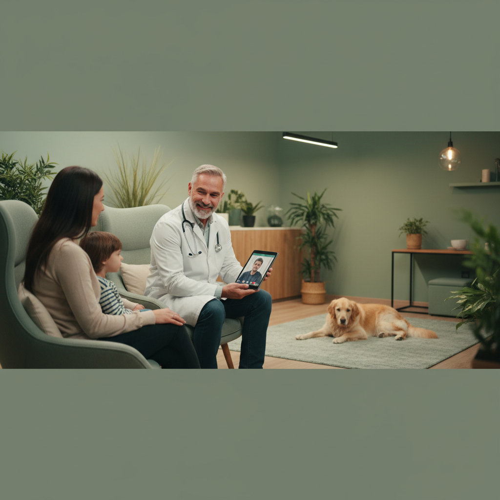 Médico em atendimento à família com cachorro - Programa Corporativo Saúde Digital