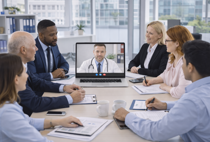 Consulta de telemedicina em equipe empresarial