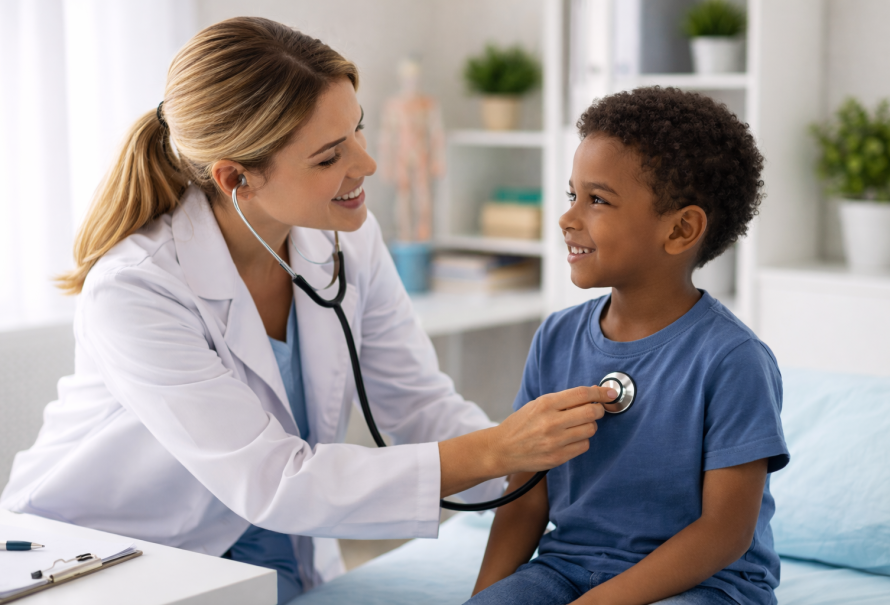 Médica examina criança no consultório