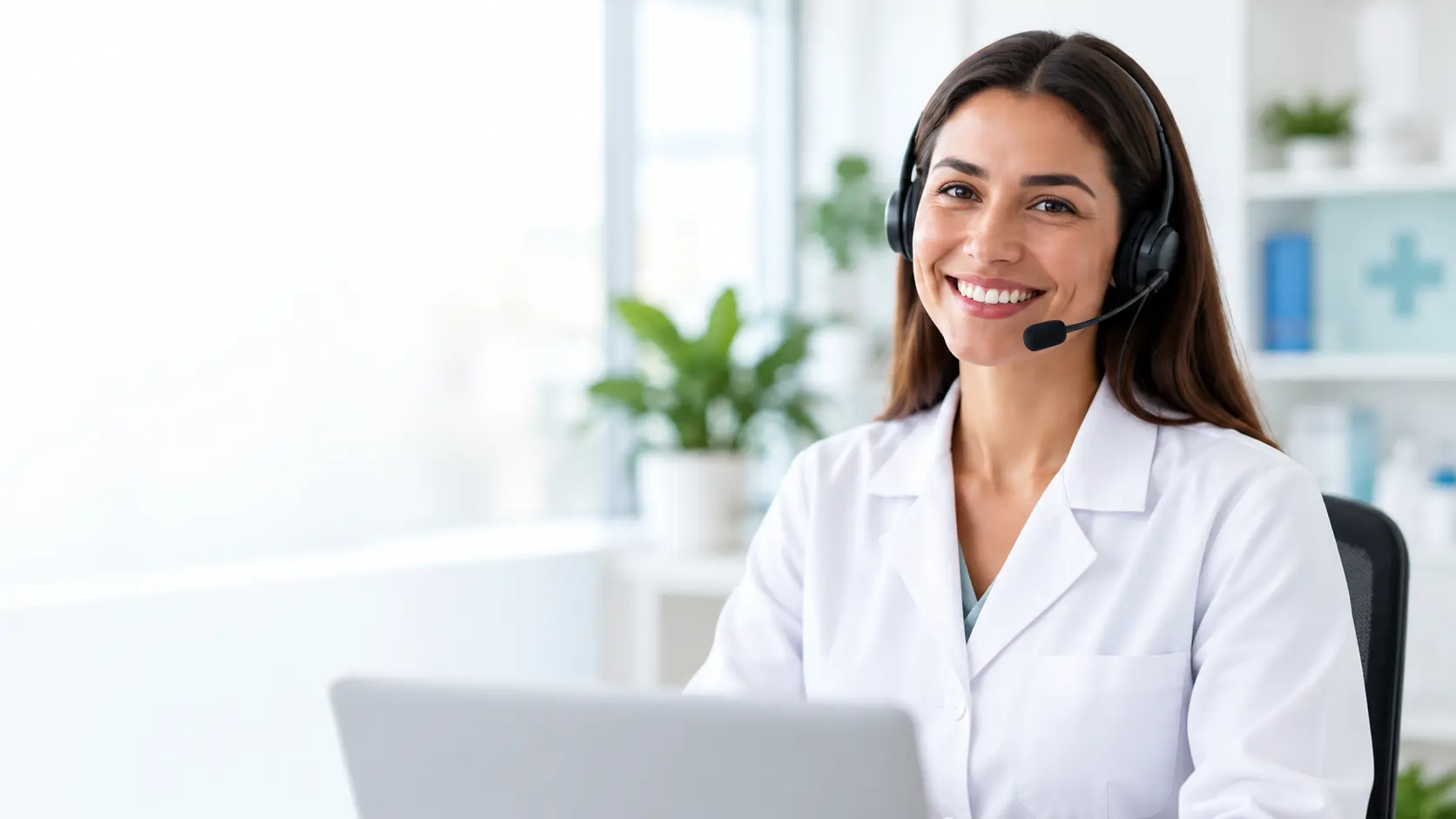 Atendente de jaleco com headset, sorrindo