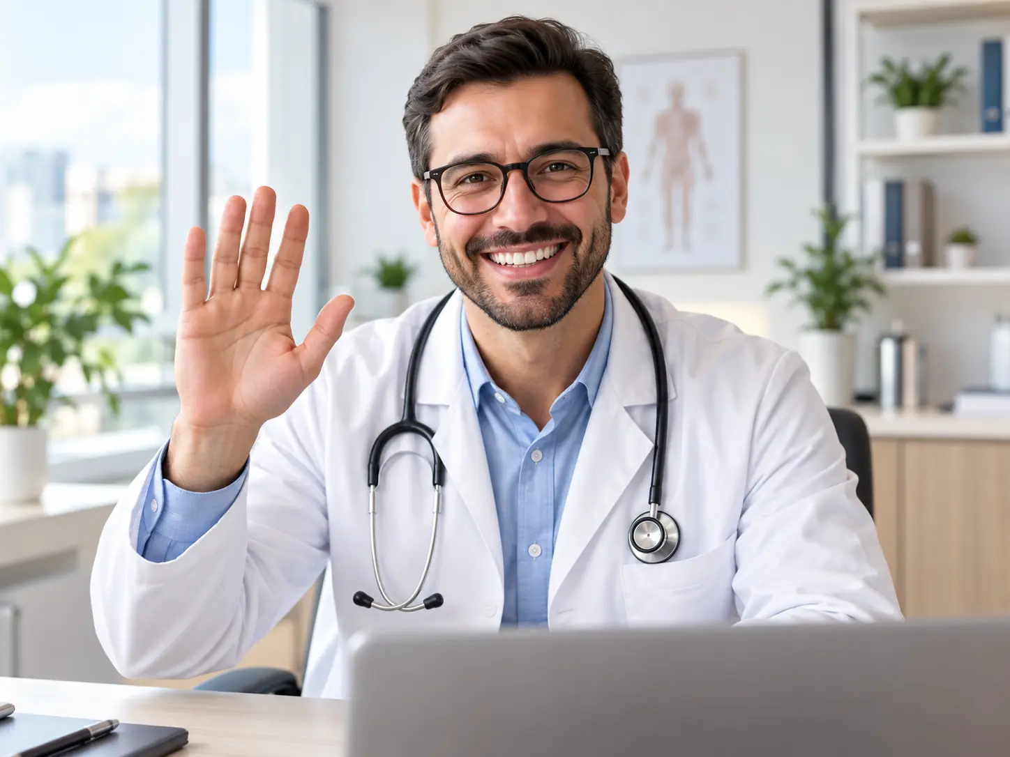 Médico acenando durante uma chamada de vídeo