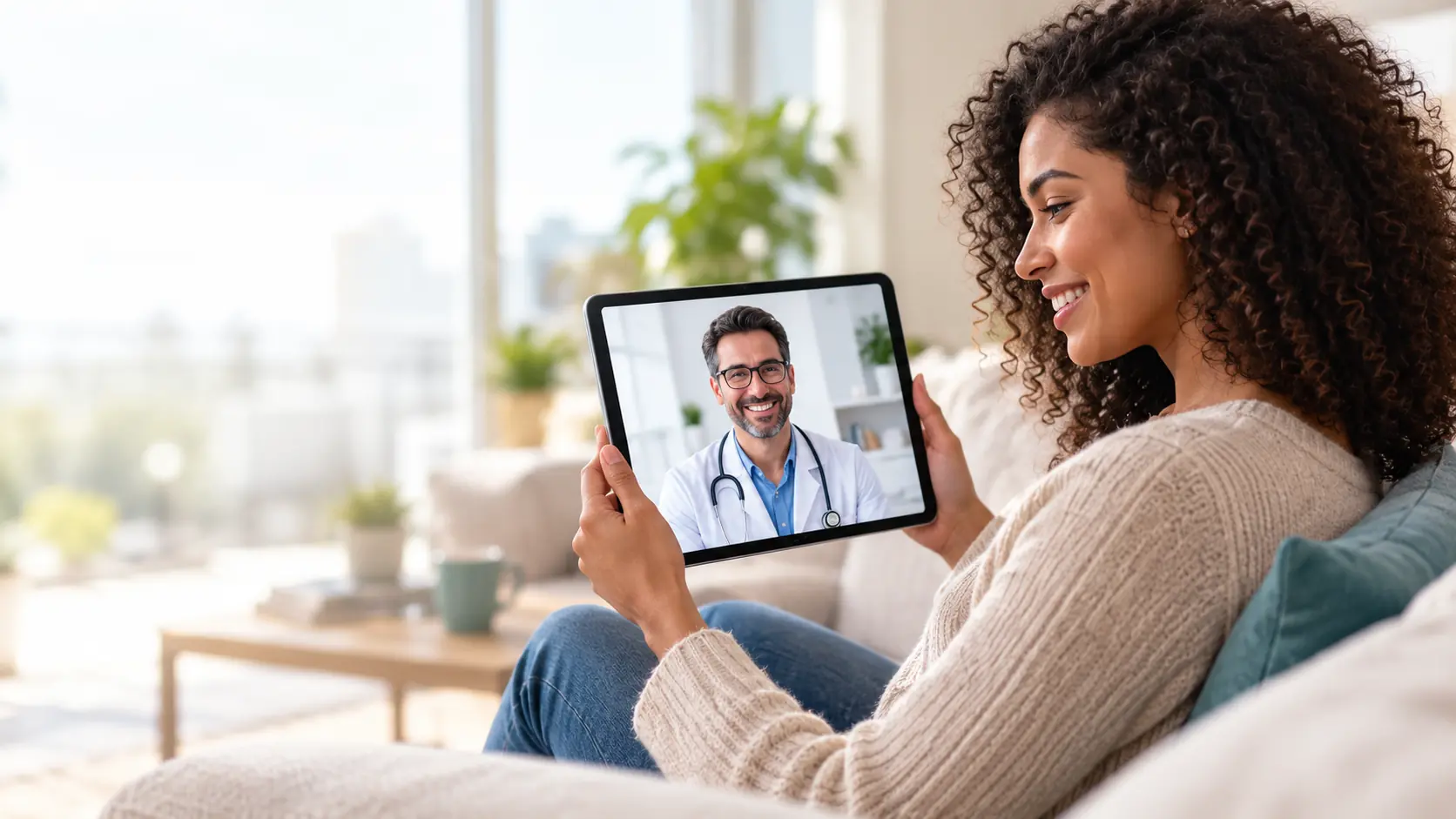 Mulher sorrindo em uma consulta por vídeo com um médico pelo tablet