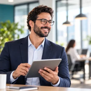 Profissional sorridente segurando um tablet no escritório