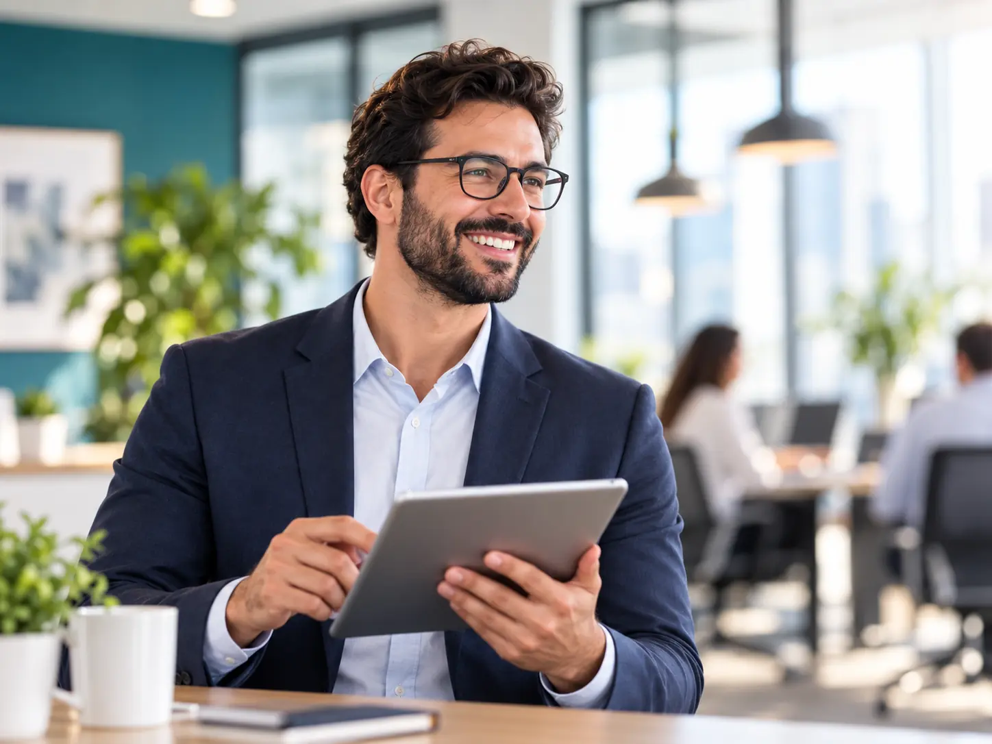 Profissional sorridente segurando um tablet no escritório
