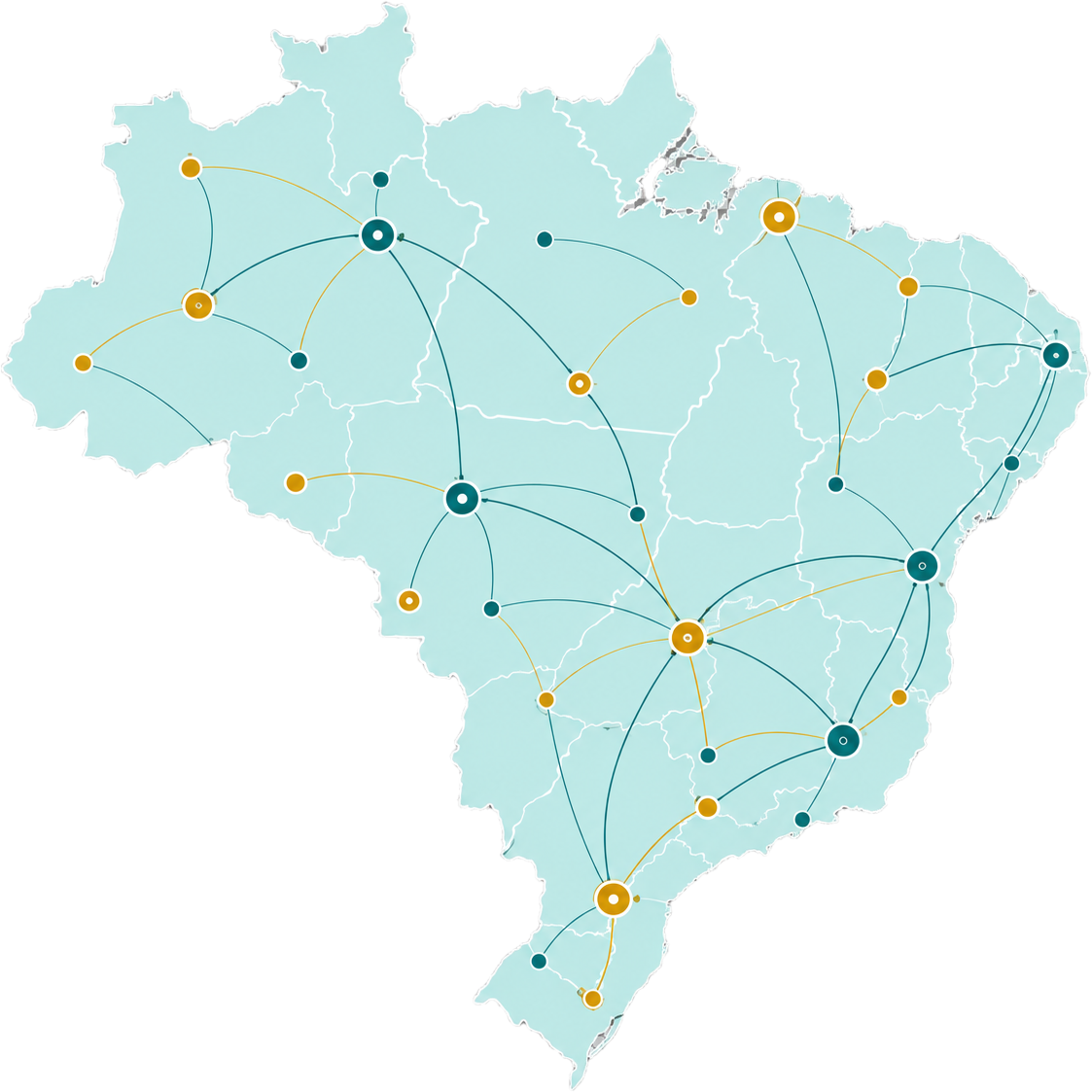 Mapa do Brasil com pontos de atendimento conectados