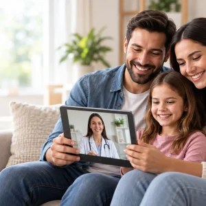 Família sorrindo em uma consulta por vídeo com uma médica