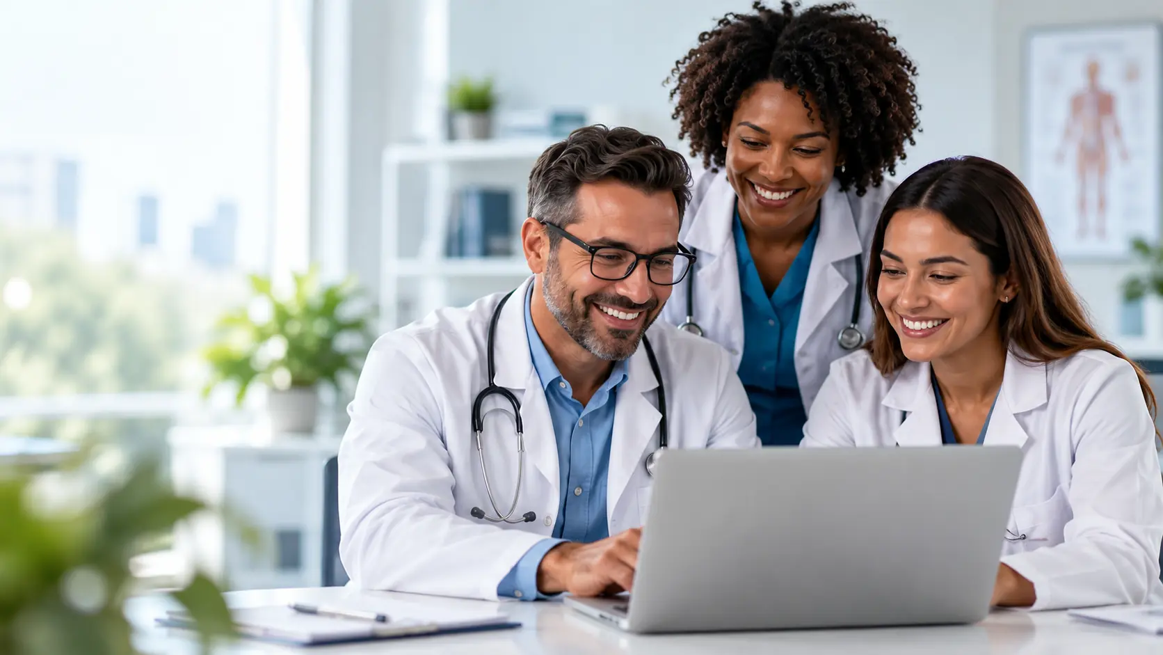 Equipe de médicos sorrindo em frente a um notebook