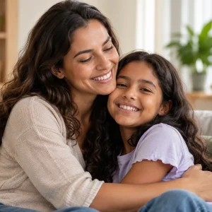 Mãe e filha abraçadas e sorrindo