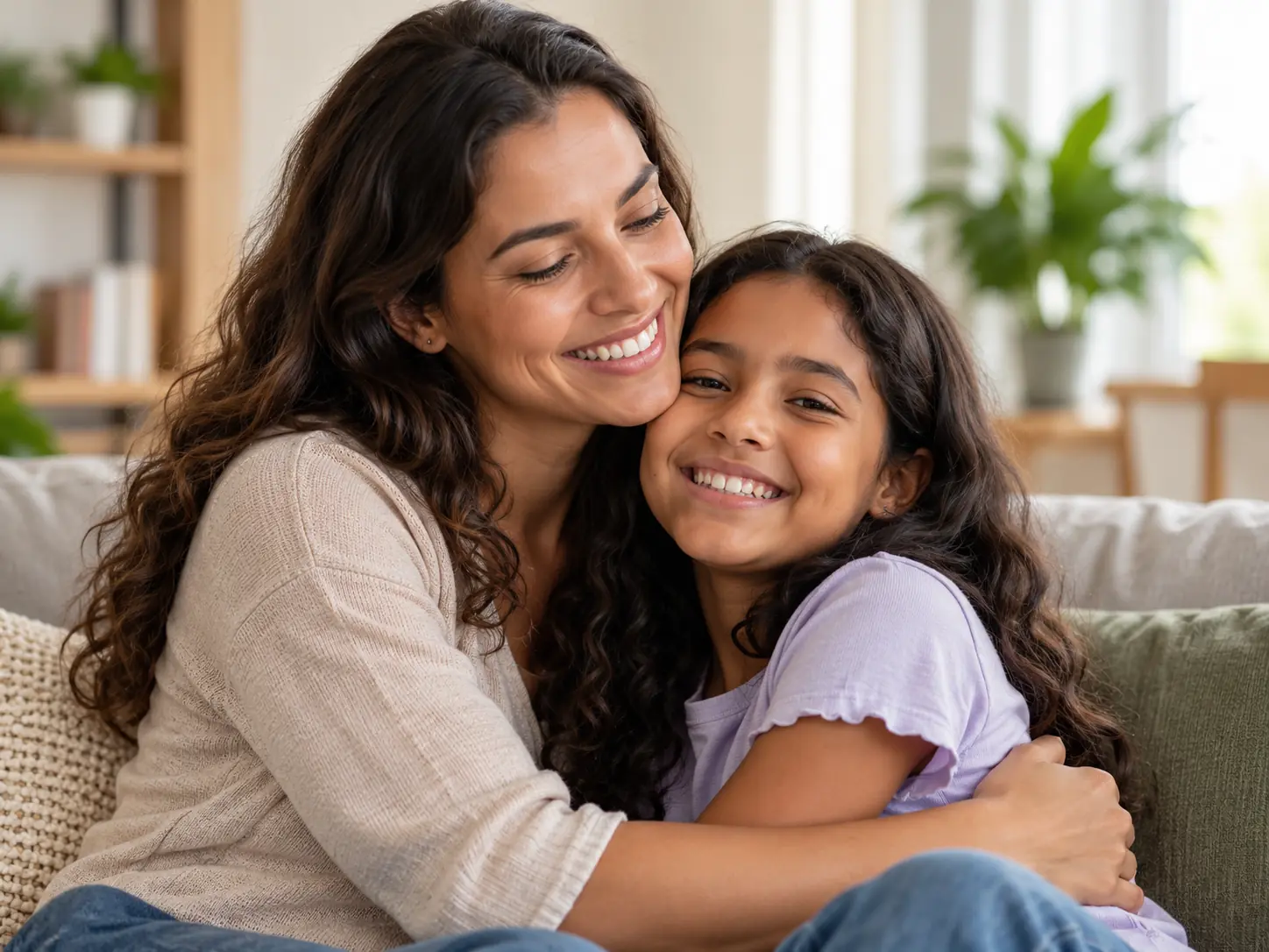 Mãe e filha abraçadas e sorrindo