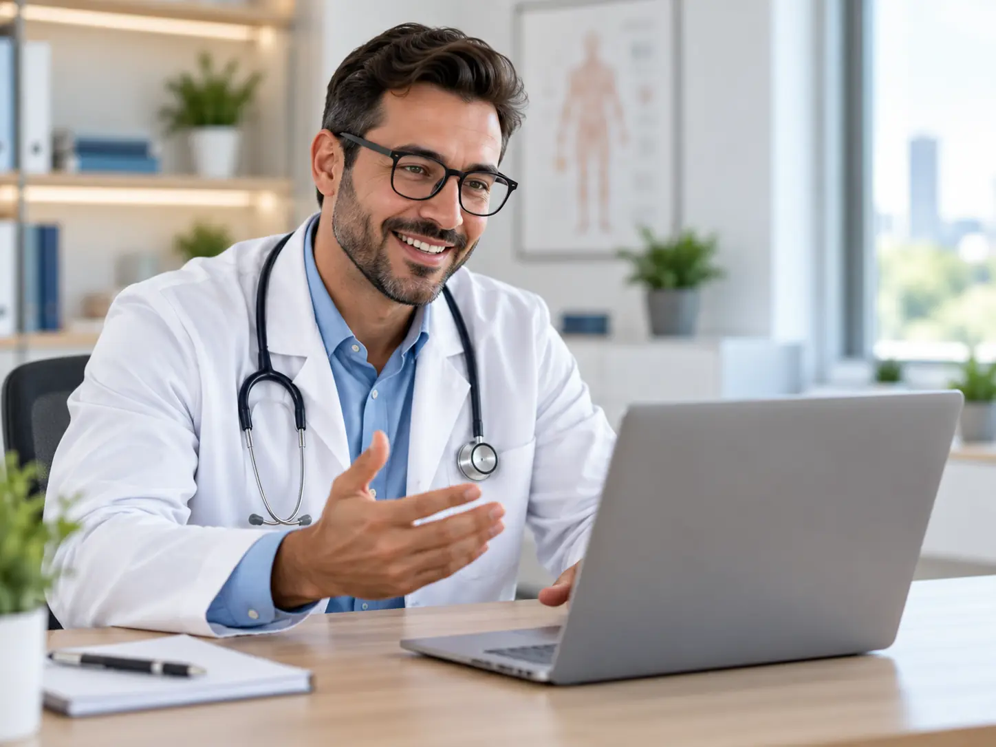 Médico sorrindo durante um atendimento por vídeo