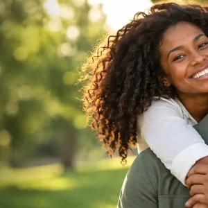 Casal sorrindo e abraçado ao ar livre